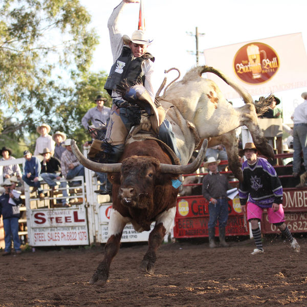 Chris Lowe on bucking bull at Coonamble Rodeo and Campdraft