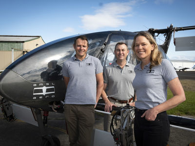 AMSL AERO CEO and Vertiia inventor Andrew Moore with AMSL AERO Chairperson Chris Smallhorn and AMSL AERO COO Siobhan Lyndon